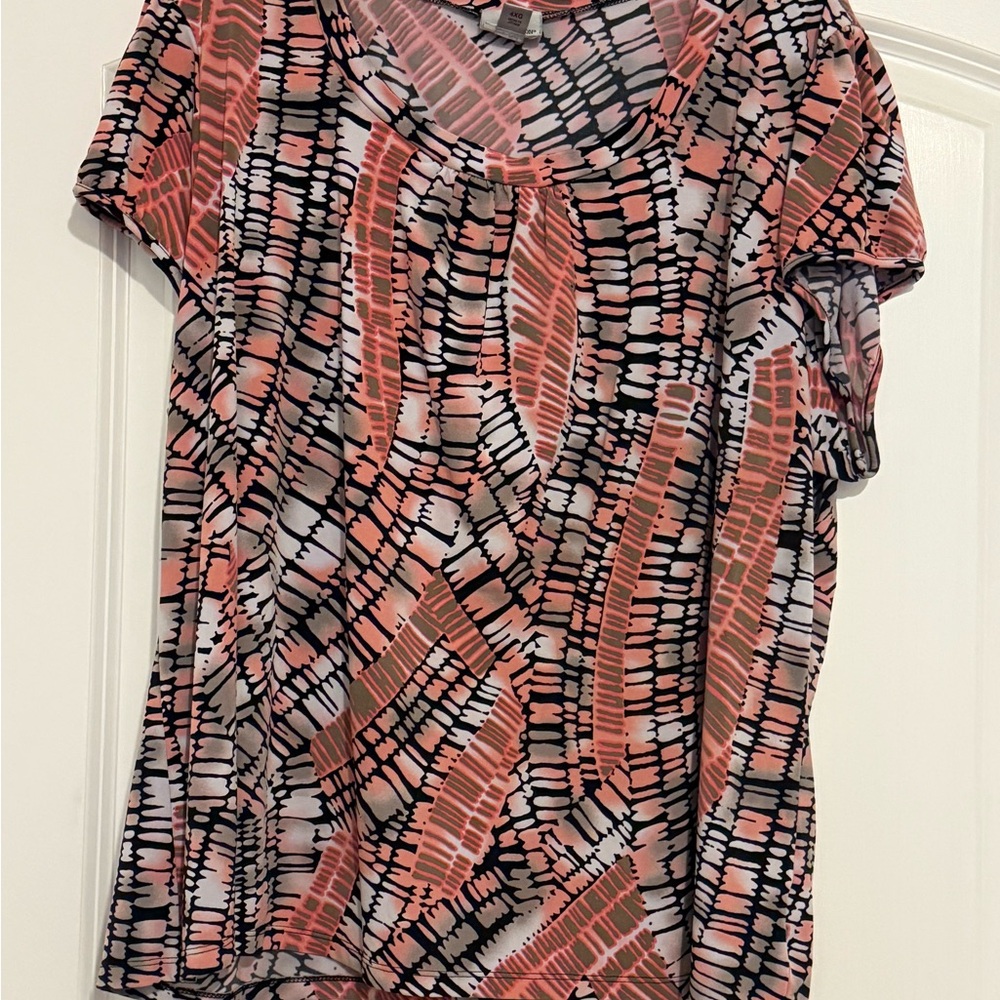Chic Women's Abstract Blouse - Coral and Black